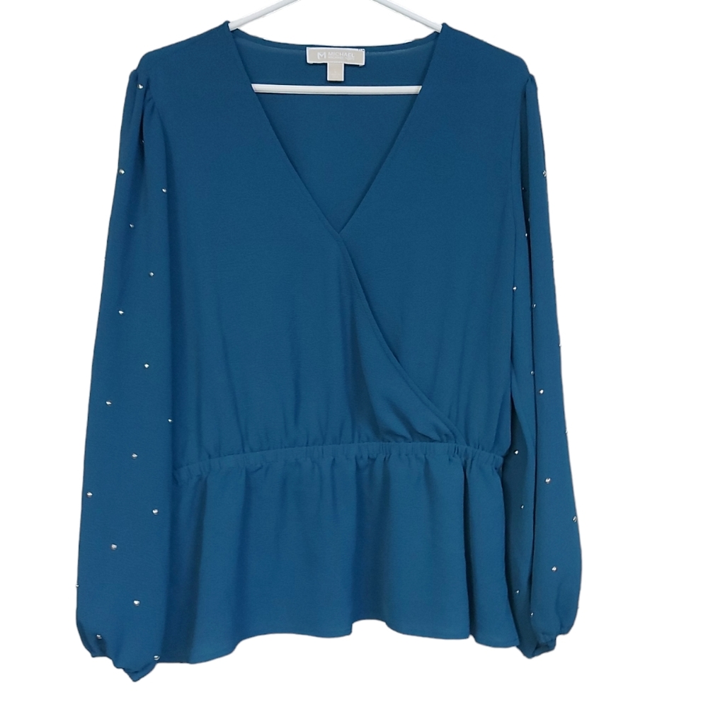Michael Kors Blouse Studded Long Sleeve Blouse Large Teal
